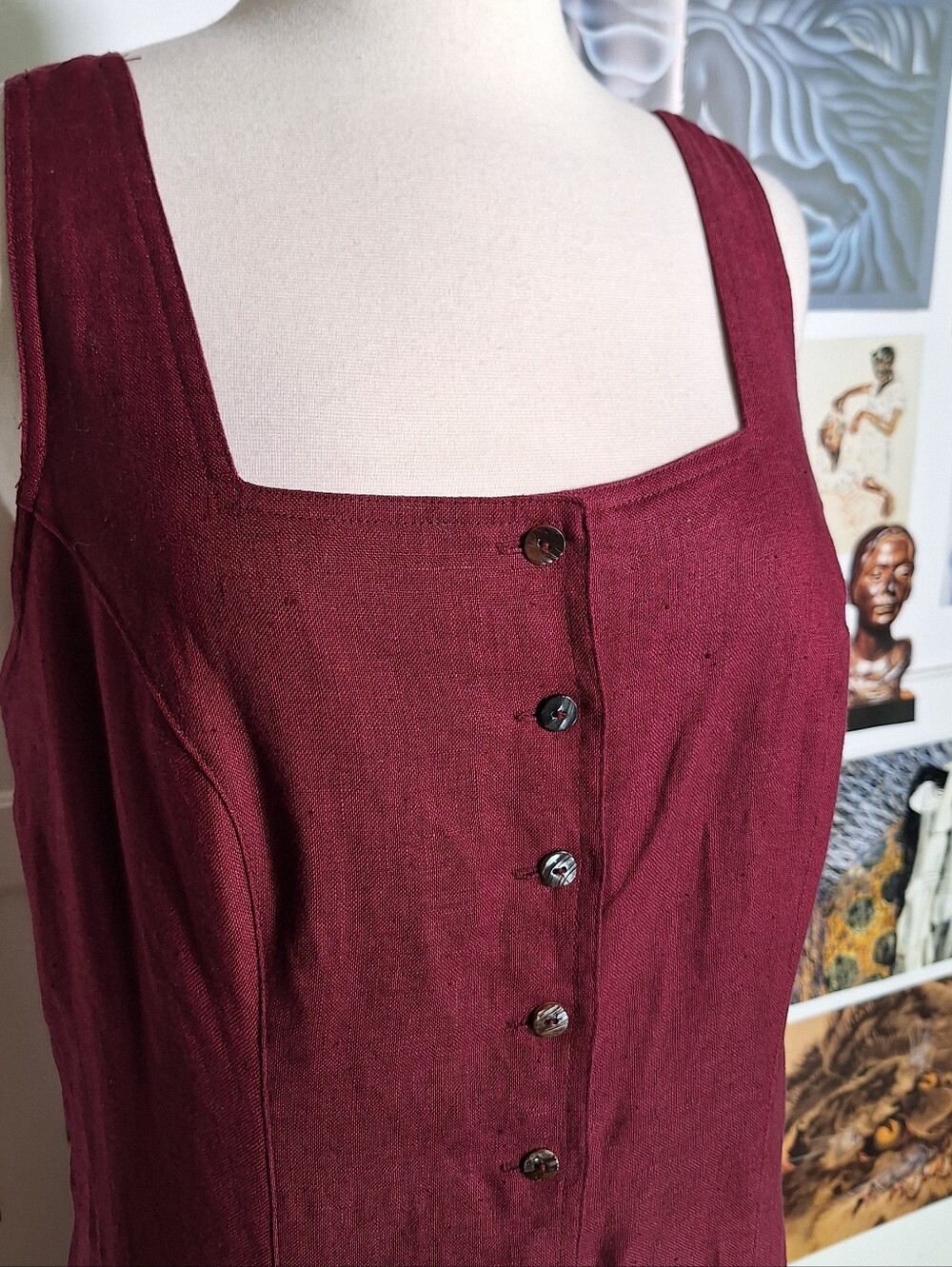 Vintage 90s Button Front 100% Linen Minimalist Maxi Dress M Whimsigoth Burgundy - Picture 2 of 7